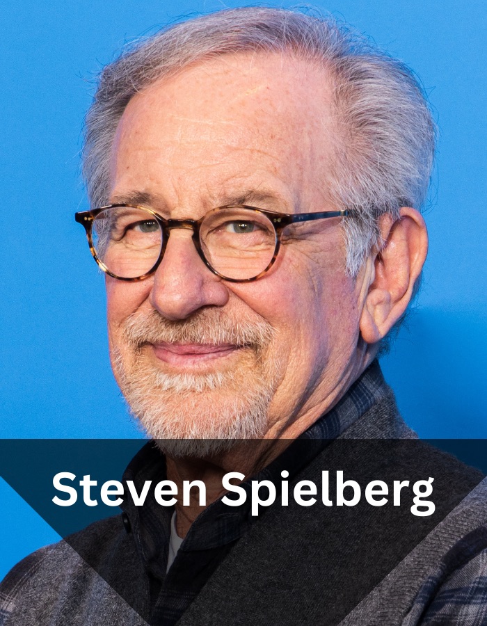 A photo of Steven Spielberg with text overlayed in front of him with his name