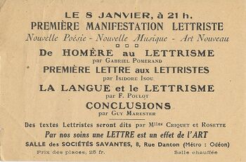 Picture of the announcement of the first ever Lettrist event